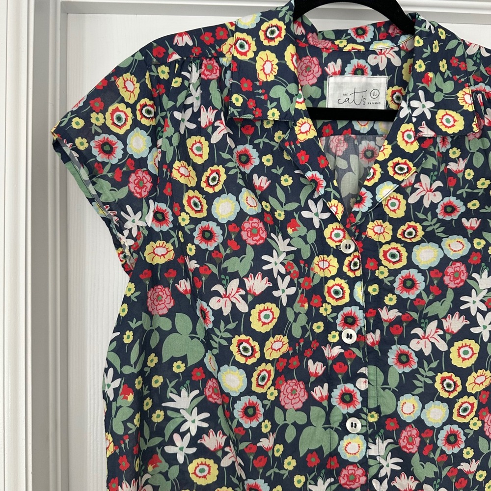Cat's Pajamas Swiss Meadow Voile Cotton Floral Button Down Sleep Top Size Large - Picture 5 of 11